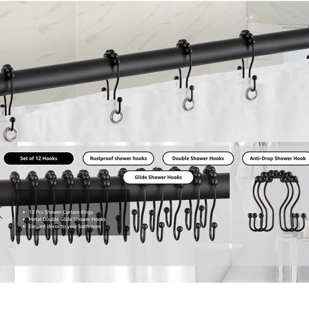 Sultan’s Linens Double Shower Hooks Roller Stainless 12 Piece Black Matt Finish
